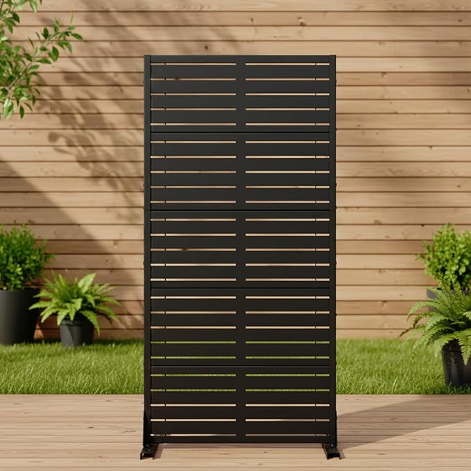 Casaphoria Metal Privacy Screen Outdoor, 60" H x 30" W Freestanding Decorative Privacy Screen for Patio Deck Balcony Garden with Stable Base, Black-Louvered