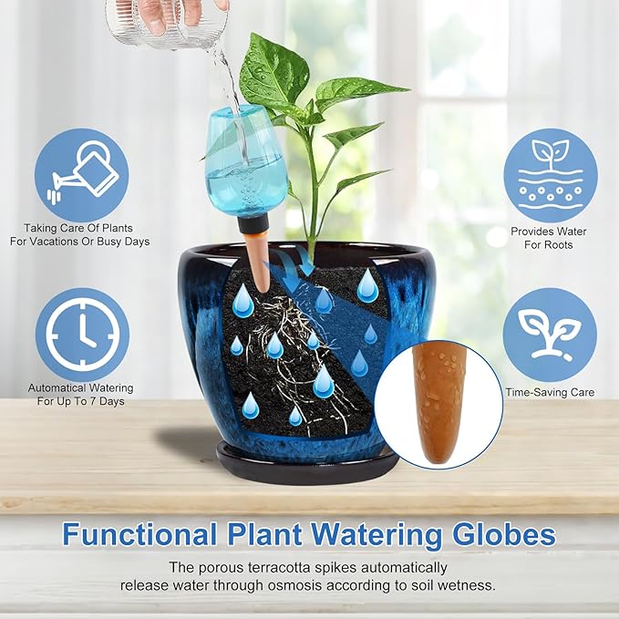 Ceramic Pots for Plant with Self Watering Globes, 10 inch Planters for Indoor Plants with Saucer, Glaze Flower Pots Outdoor with Drainage Holes, Decorative Garden Pots
