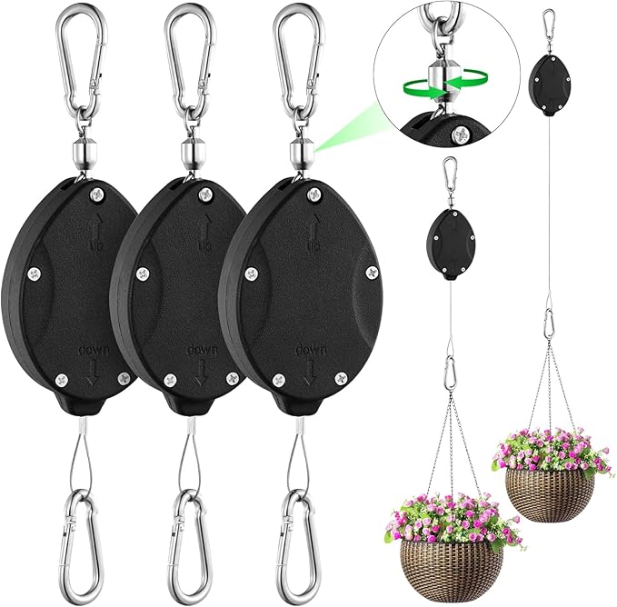3 Pack Heavy Duty Retractable Plant Hangers Adjustable Pulleys with 63" Pull-Down Design Stainless Steel Rope Double-Headed Hooks for Hanging Baskets Bird Feeders Planters and Pots Supports up to 45lb