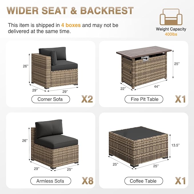 Aoxun Patio Furniture Sets, 12-Piece Outdoor Patio Furniture with 44'' Propane Gas Firepit Table, Wicker Outdoor Conversation Set Sectional Sofa for Backyard, Poolside, Garden