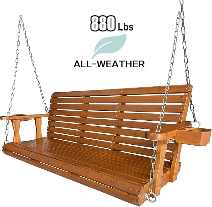 Wooden Porch Swing 3-Seater, Bench Swing with Cupholders, Hanging Chains and 7mm Springs, Heavy Duty 800 LBS, for Outdoor Patio Garden (Warm Teak Color, 5 FT Extra Large)