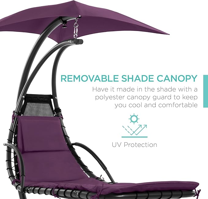 Best Choice Products Outdoor Hanging Curved Steel Chaise Lounge Chair Swing w/Built-in Pillow and Removable Canopy - Purple
