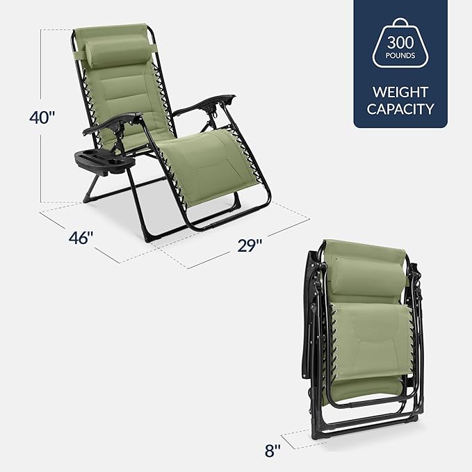 Best Choice Products Oversized Padded Zero Gravity Chair, Folding Outdoor Patio Recliner, XL Anti Gravity Lounger for Backyard w/Headrest, Cup Holder, Side Tray, Polyester Mesh - Sage Green