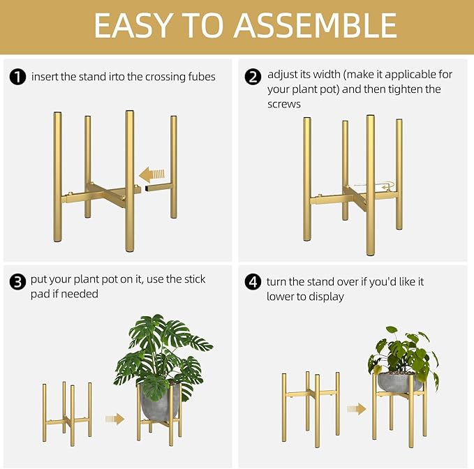 Adjustable Metal Plant Stand Indoor, Mid Century Modern Outdoor Planter Holder for 8 to 14 Inch Pots, Heavy Duty 160 LB Load, Corner Floor Stand for Home Garden Decor Golden 2 Pack