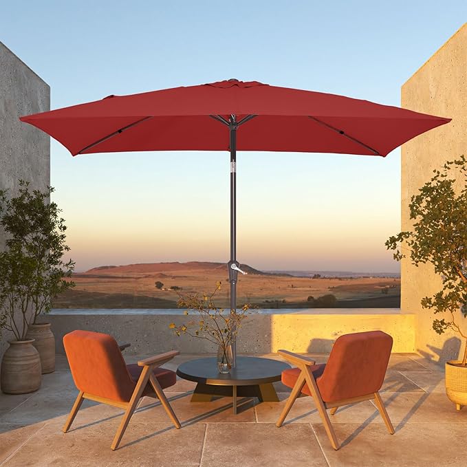 JEAREY 6.5x10 ft Rectangular Patio Umbrellas Rectangle Outdoor Umbrella with Push Button Tilt and Crank, Market Table Umbrella 6 Sturdy Ribs UV Protection for Poolside Garden Backyard Deck, Red