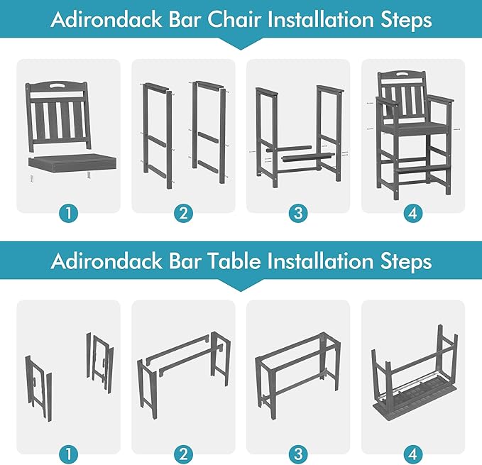 Ciokea Outdoor Bar Height Table Set of 5, 60" Extra Long Rectangle High Top Table and 4 Oversized Adirondack Chairs Set, Heavy-Duty All-Weather HDPE Patio Bar Set for Backyard Balcony Deck, Grey