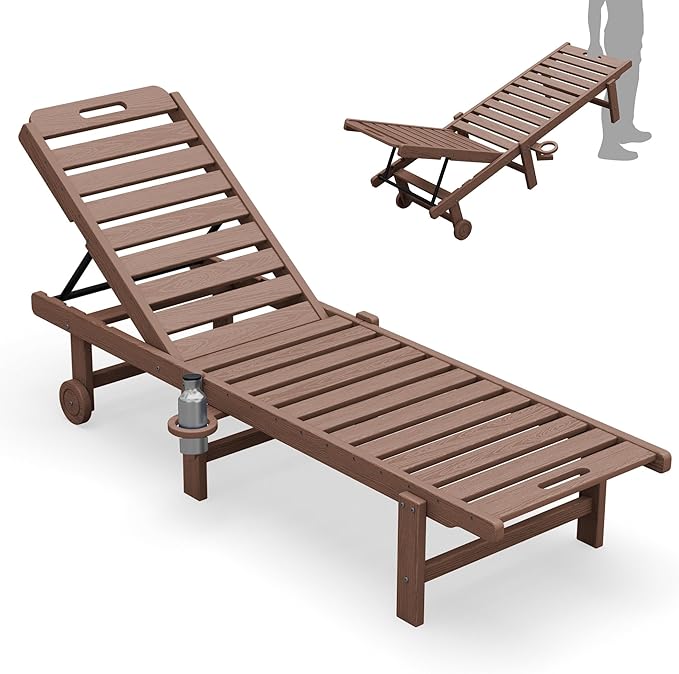 SERWALL Patio Chaise Lounge, HDPE Outdoor Lounge Chair with Cup Holder, 5 Positions Adjustable Poly Lounger with Rolling Wheels for Poolside, Deck, Sunbathing, Brown