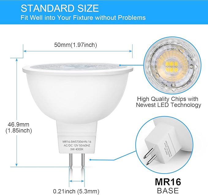 Mlambert 12 Pack MR16 LED Bulbs 50W Halogen Equivalent,4000K Neutral White,5W GU5.3 MR16 12V Spotlight Bulb,Non-Dimmable,45° Beam Angle for Landscape, Recessed