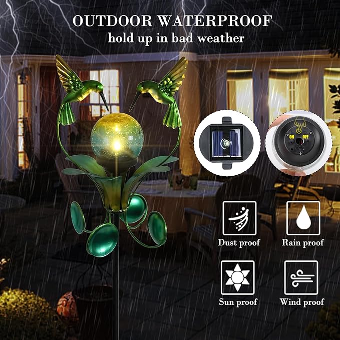Solar Lights Outdoor Metal Garden Stake Waterproof Crackle Glass Globe Garden Decor Green Hummingbird for Pathway, Lawn, Patio, Yard