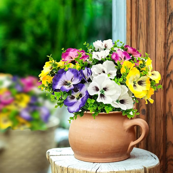 Pansies Artificial Flowers for Outdoors UV Resistant 12 Bundles Silk Pansy Plastic Fake Plants Flowers for Home Outside Garden Window Box Patio Planter Porch Decor (Mixed Color1)