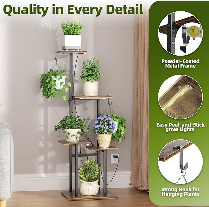 Plant Stand Indoor with Grow Lights, 46" Metal Corner Plant Shelf with 3 LED Lights, 2 Hanging Hooks, 5-Tiered Tall Plant Flower Holders for Living Room, Garden, Patio (Black Brown)