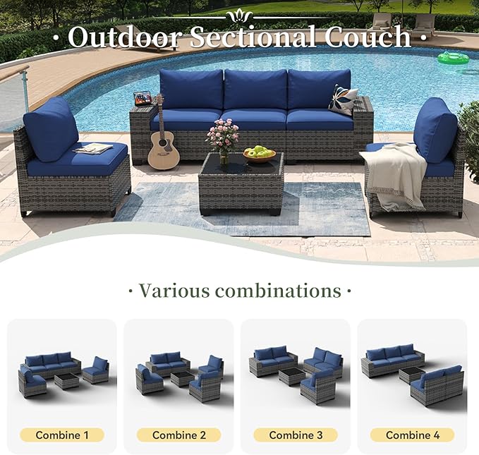 Aoxun 6 Piece Patio Furniture Set with Wide Armrests Wicker Rattan Outdoor Sectional Sofa Set with Coffee Table and Thickened Cushions, Grey/Blue(Waterproof Cover Included)