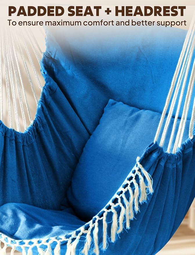 Chihee Hammock Chair Hanging Swing Max 500 Lbs 2 Cushions Included Metal Spreader Bar with Anti-Slip Grooves Portable Hanging Chair Side Pocket Large Macrame Bohemian Chair Indoor Outdoor