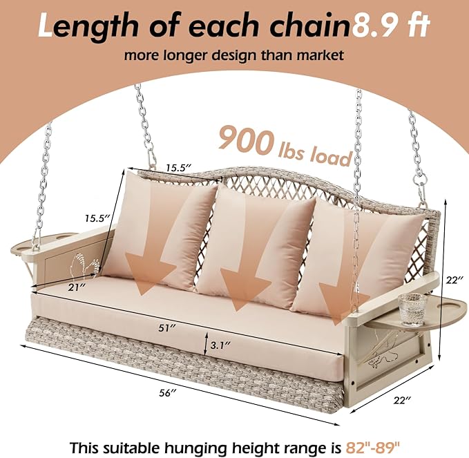 Upgraded Wicker Hanging Porch Swing Heavy Duty 900 LBS 3-Seat Outdoor Patio Swing Chair Bench for Adult w/ 8.9ft Hanging Chains Cushions and Cup Holder