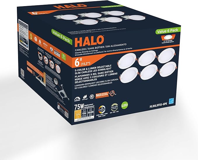 HALO HLB 6 in LED Recessed Lighting Canless Dimmable Wet Location Selectable Lumens and Selectable Color 27/30/35/40/5000K 6 Pack Indoor Outdoor Soffit Ceiling Light HLB6LSFS5-6PK