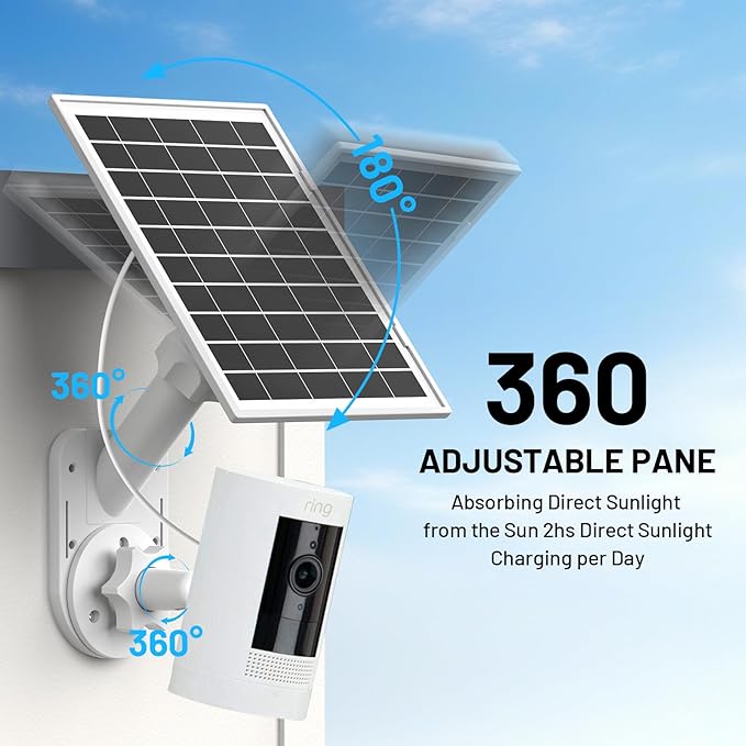 Solar Panel and 2-in-1 Wall Mount for Ring Cam, 7W Solar Charger Compatible with Rings Spotlight &Stick Up Outdoor Cam Battery, 360° Adjustable Outdoor Security Camera Mount, Weatherproof, 1-Pack