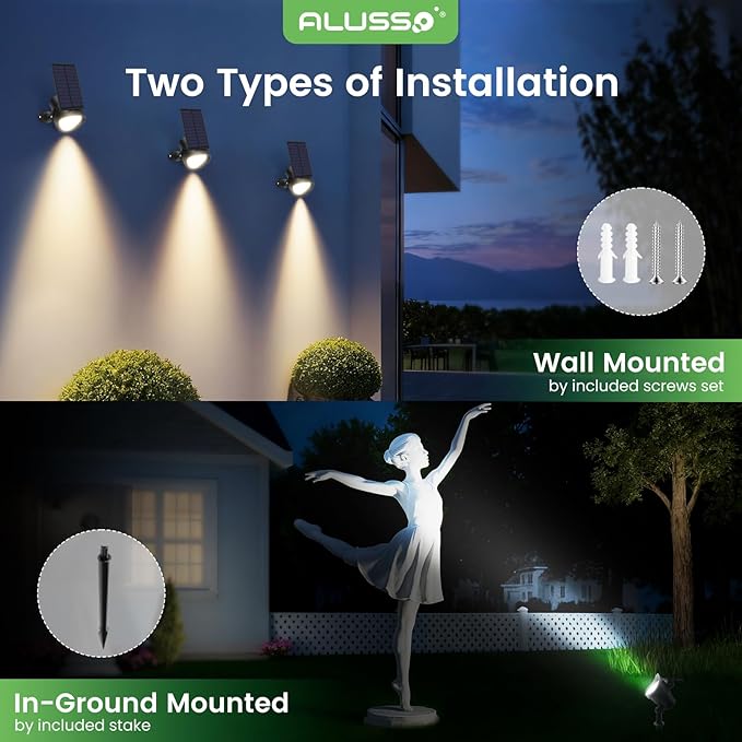 ALUSSO® Solar Landscape Spotlights 3CCT, Dimmable Solar Spot Lights Outdoor, 30° Beam Angle Solar Powered Lights Dusk to Dawn,IP65 Waterproof Flag Pole Solar Light for Yard Pathway Garage Patio,4 Pack