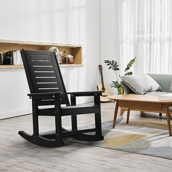 GREENVINES Outdoor Rocking Chairs | Set of 2 | Porch Rocker | HDPE Plastic | Black | Oversized Rockers | High Back | Big & Tall | Ladder Back | for Patio Outside Backyard Balcony