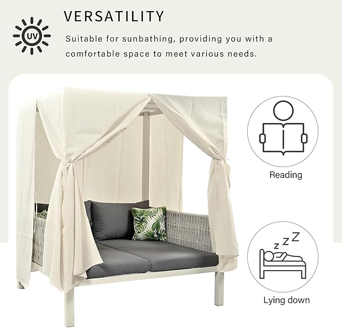 Merax Outdoor Patio Daybed with Soft Cushions and Curtains, Double Chaise Lounge Sunbed with Rubber Core Rope Backrest and Comfy Pillows for Outside Pool, Garden, Backyard, Lawn, Gray+Beige