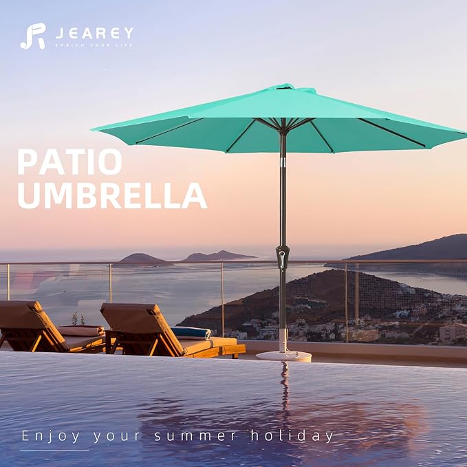 JEAREY 9FT Outdoor Patio Umbrella Market Umbrella with Push Button Tilt and Crank, Outdoor Table Umbrellas 8 Sturdy Ribs UV Protection Waterproof for Garden, Deck, Backyard, Pool (Teal)