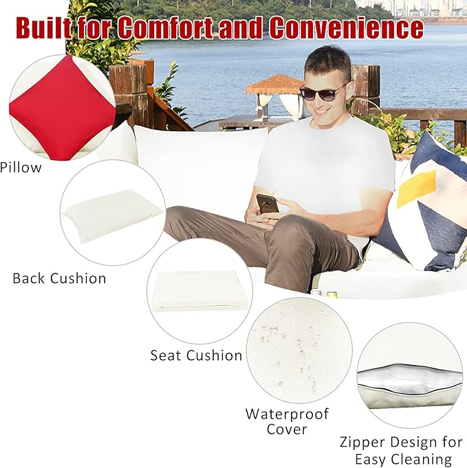 Tangkula 7 Pieces Wicker Patio Furniture Set, All-Weather Outdoor Rattan Sectional Sofa Set with Cushions & Tempered Glass Coffee Table, Outside Sofa Set for Garden, Lawn, Deck, Backyard (White)