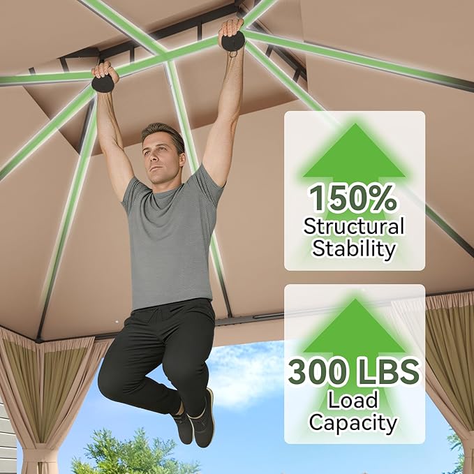 Aoxun 10x12 Outdoor Gazebo with 50FT LED Hanging Lights Metal Frame Canopy with Double Roofs Heavy Duty Party Tent Shelter with Mosquito Netting and Privacy Screen for Backyard, Lawn, Garden(Khaki)