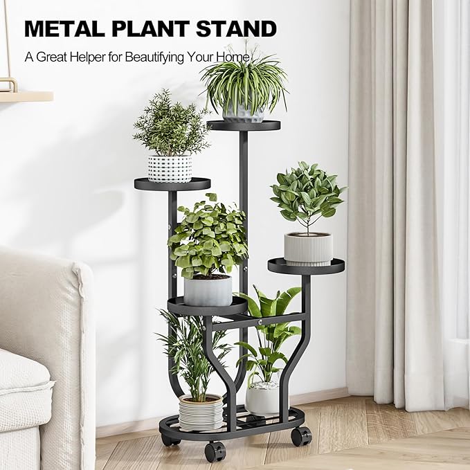 Plant Stand Indoor Outdoor 4 Tier Flower Holder with Wheels Metal Plant Shelf Corner Display Rack Multi Plants Sheleves for Living Room Garden Patio Black