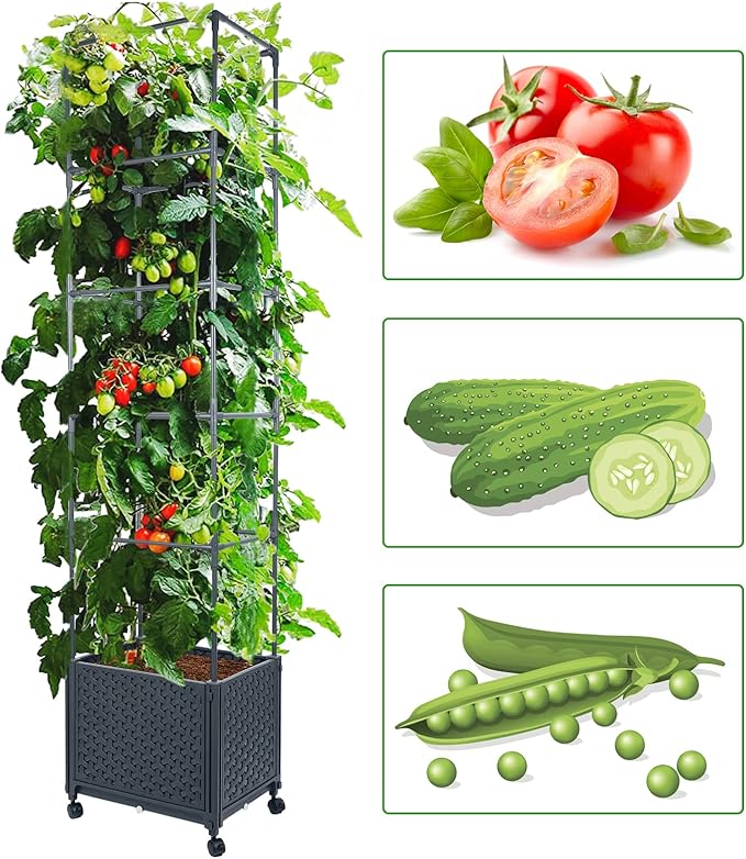 LINEX Raised Garden Bed Planter Box with Trellis, 67.6” Tomato Planters for Climbing Plants Vegetable Vine Flowers Outdoor Patio, Tomatoes Cage w/Self-Watering & Wheels
