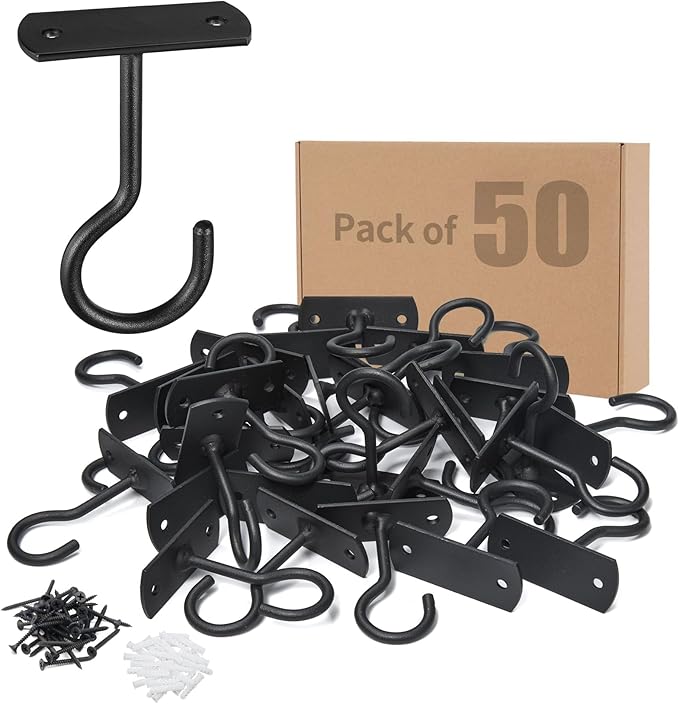 50Pack Ceiling Hooks Bulk for Hanging Plants Black 2.5in