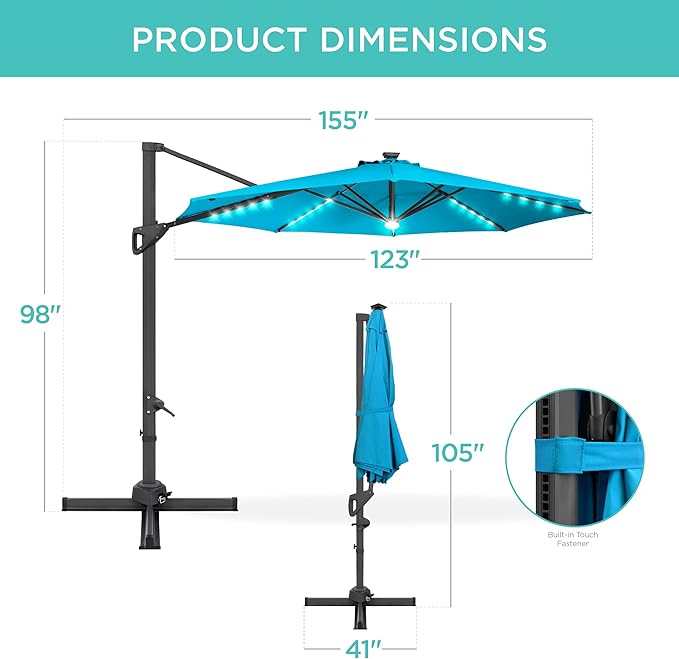Best Choice Products 10ft Solar LED Cantilever Patio Umbrella, 360-Degree Rotation Hanging Offset Market Outdoor Sun Shade for Backyard, Deck, Poolside w/Lights, Easy Tilt, Cross Base