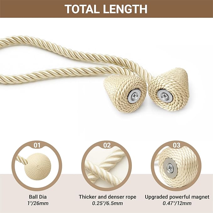 Hion Magnetic Curtain Tiebacks Beige 2pcs, Curtain Tiebacks Buckles Holdbacks Holders Hooks Clip for Home Bedroom Office Decorative Curtain
