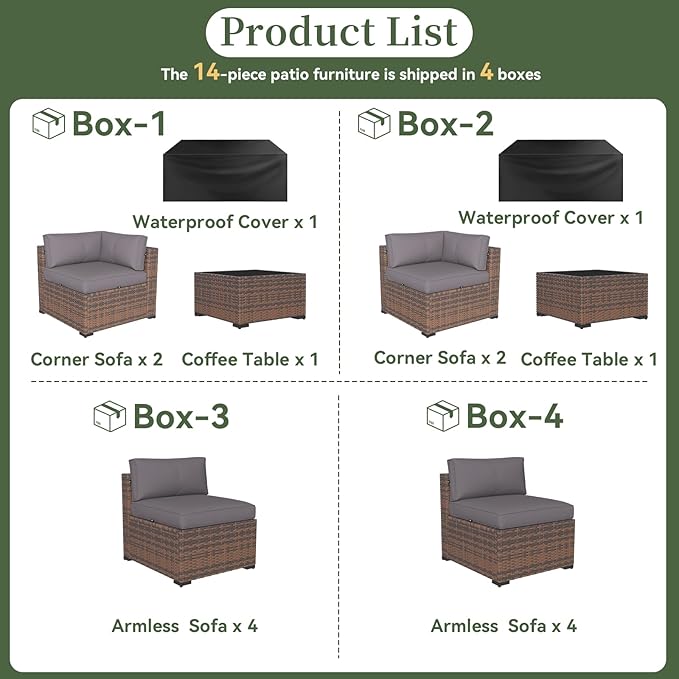 Aoxun 14 Piece Patio Furniture Set Wicker Rattan Patio Conversation Set Outdoor Sectional Sofa Set with Coffee Table and Thickened Cushions, Gray(Waterproof Cover Included)