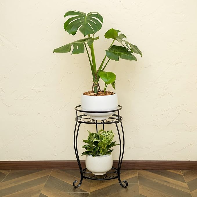 FaithLand Plant Stand, Heavy Duty Metal Planter Holder Indoor Outdoor, 2 Tier Round Potted Supports Rack, Corner Display Shelf Black