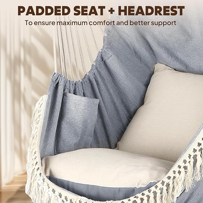 Chihee Hammock Chair 4.9ft x 3.9ft Max 500 Lbs Widen Hanging Swing 2 Cushions Included Metal Spreader Bar with Anti-Slip Grooves Portable Comfy Hanging Chair Side Pocket Bohemian Chair Indoor Outdoor