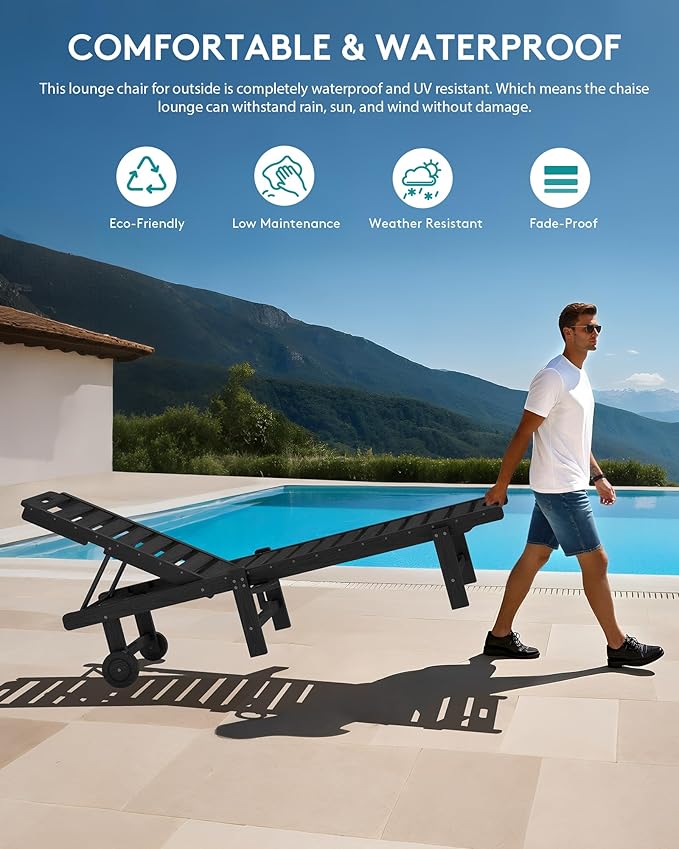 SERWALL Outdoor Chaise Lounge Set of 2, All-Weather HDPE Pool Lounge Chairs with 5-Position Adjustable Reclining Backrest, Rolling Wheels & Cup Holder for Poolside, Black