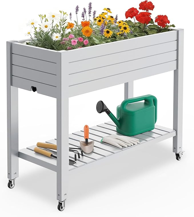 Raised Garden Bed with Legs, 33.66" Tall Self-Watering Resin Planter Box with Lockable Wheels Drainage Plug and Gauge for Vegetables, Flowers, Storage Shelf for Tools and Accessories (Ashen)