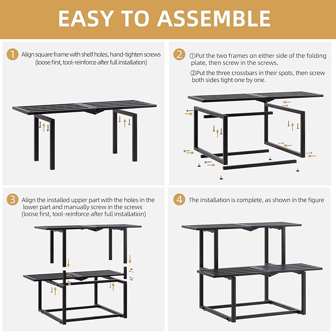 Metal Plant Stand, Foldable Heavy Duty Indoor, Window Iron Plant Shelf - Mid Century Modern Slatted Display for Patio,Garden, Living Room Load Bearing 330 lbs 26" L x 20.2" H x 17.7" W2 Tier Black