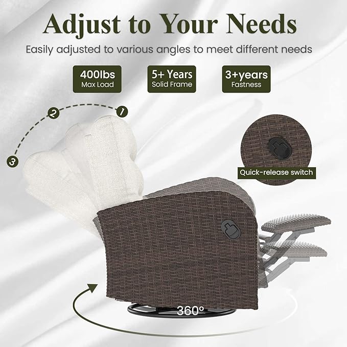 LayinSun Oversized Wicker Outdoor Swivel Glider Recliner with Adjustable Backrest & Footrest, Patio Reclining Lounge Chair