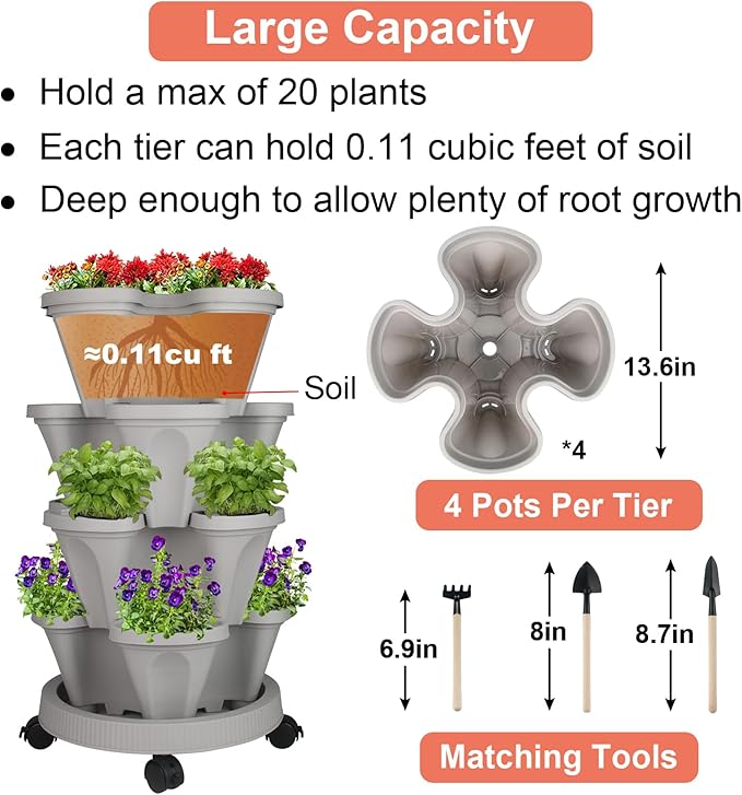 GameXcel Vertical Planter 4 Tier Stackable Planters Garden Planters Strawberry Herb Flower and Vegetable Planter Indoor Outdoor Gardening Pots with Removable Wheels and Tools