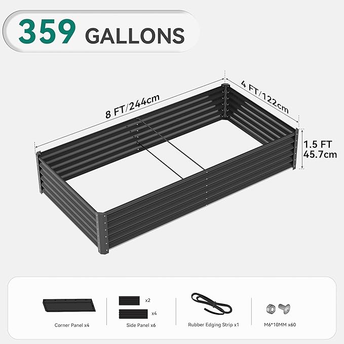 YITAHOME 8x4x1.5 ft Galvanized Raised Garden Bed Kit, Large Metal Planter Box with Gloves, Safety Rubber & Support Rod, Outdoor Flower Bed for Plants Vegetables, Green