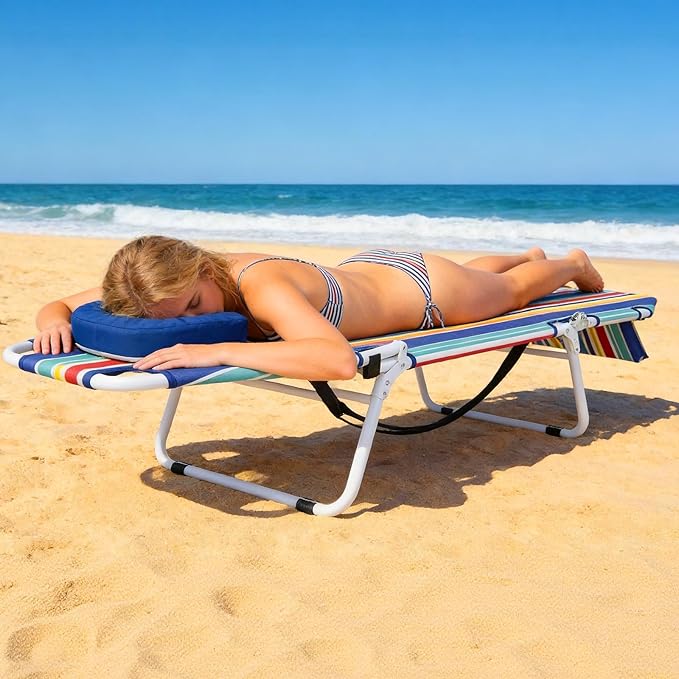 ABORON 2-in-1 Tanning Chair with Face Hole, Folding Camping Cot for Adults, 5-Position Adjustable Lounge Chair with Pillow, Heavy Duty 600D Oxford Portable Cot for Beach, Patio, Poolside