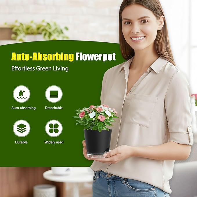 Plant Pots 5 Inch Self Watering Pots,6 Pack Plastic Planters with Drainage Holes and Clear Saucers,Plastic Flower Pots,Nursery Planting Pot for Indoor Out Door Plants (Black)