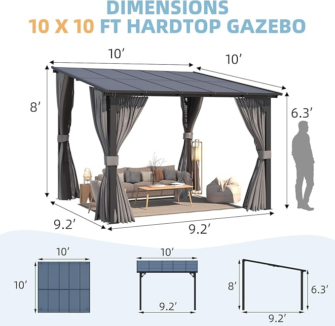 AECOJOY 10’ x 10’ Gazebo, Wall Mounted Gazebos Pergola with Curtains and Mosquito Netting, Enhanced Protective Outdoor Patio Lean to Gazebo Awnings for Deck, Porch, Backyard and Outside