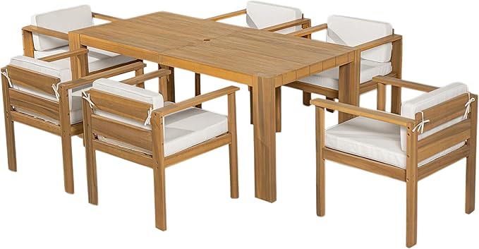 Merax 7-Piece Patio Dining Table Set,Outdoor Furniture Set with 72.8" Rectangle Table & 6 Chairs,Adjustable Leveling Feet,Umbrella Hole for Backyard,Garden, Poolside,Teak+ Beige