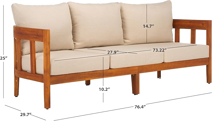 SAFAVIEH Outdoor Collection Owen Acacia Solid Wood Natural/Taupe Cushion 3-Seater Sofa