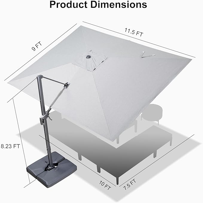 PURPLE LEAF Patio Umbrella 9' X 11.5' Rectangle Cantilever Umbrella Large Aluminum Outdoor Umbrellas with 360-degree Rotation & UPF40+ Premium Fabric for Deck Pool Garden Yard, Pebble Grey