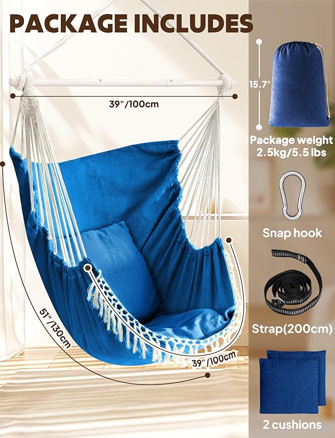 Chihee Hammock Chair Hanging Swing Max 500 Lbs 2 Cushions Included Metal Spreader Bar with Anti-Slip Grooves Portable Hanging Chair Side Pocket Large Macrame Bohemian Chair Indoor Outdoor