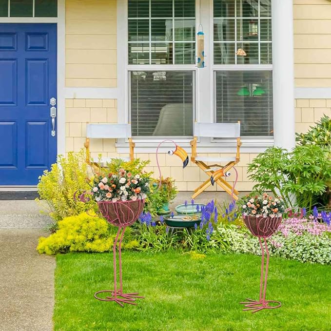 hogardeck Garden Decor for Outside, Set of 2 Pink Flamingo Planters with Basket, Metal Standing Flamingo Plant Pots Yard Art for Home Indoor Outdoor Garden Porch Lawn Patio Pool