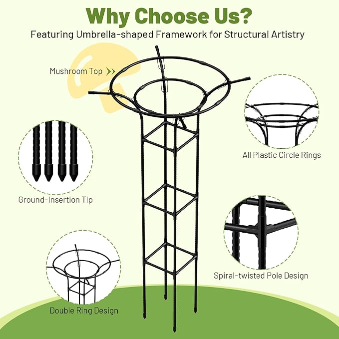Garden Trellis for Climbing Plants Outdoor, 65 Inch Mushroom Top Trellis for Climbing Plants, Plant Trellis Support for Potted Plants Climbing Vine Rose Clematis Vegetable Trellis, 1 Pack (1)