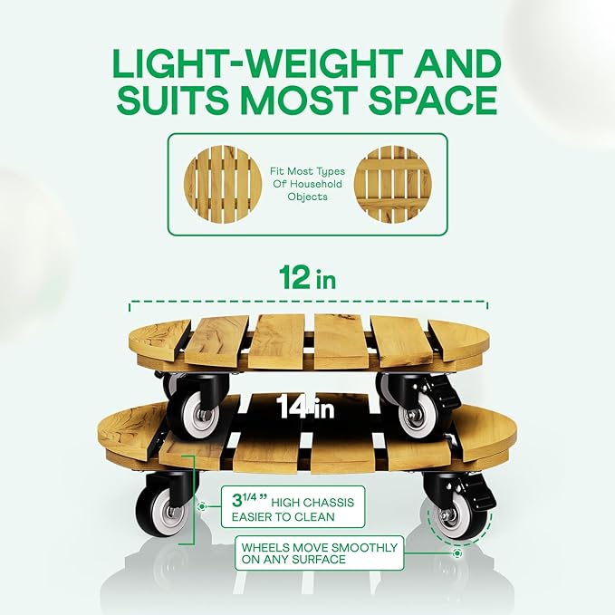 Idzo Combo 12 Inch and 14 Inch Acacia Wood Rolling Round Planter Caddies for Plant Pots, Heavy Duty Plant Stand with 360° Lockable Wheels, 264 lbs Capacity Caddy for Indoor and Outdoor Use, Golden Teak